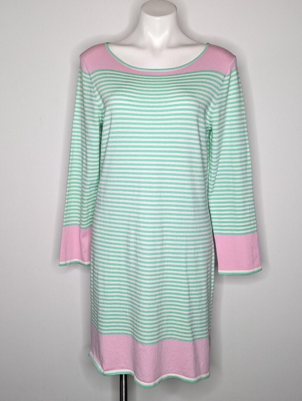 Sail To Sable Green Pink Striped Long Sleeve Knit Cotton Blend Dress L